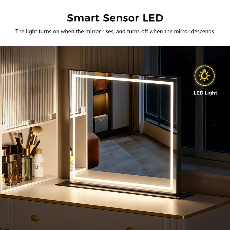 Toaletný stolík v minimalistickom štýle so skrytým elektrickým zdvíhacím zrkadlom a LED svetlami