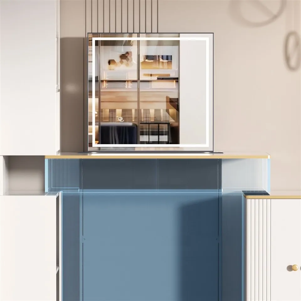 Minimalist Style Dressing Table With Hidden Electric Lift Mirror And LED Lights factory